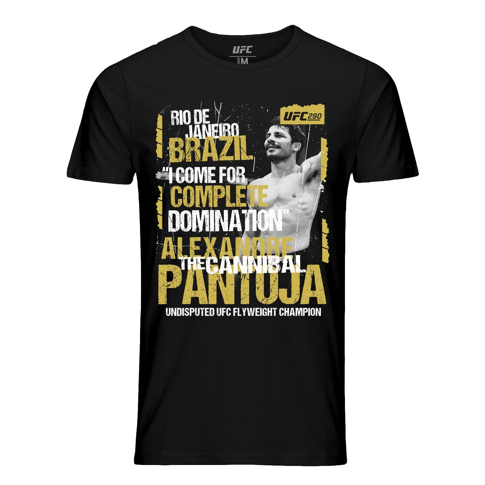 Men's black UFC Alexandre Pantoja UFC 290 Champ T-Shirt featuring short sleeves and official branding.